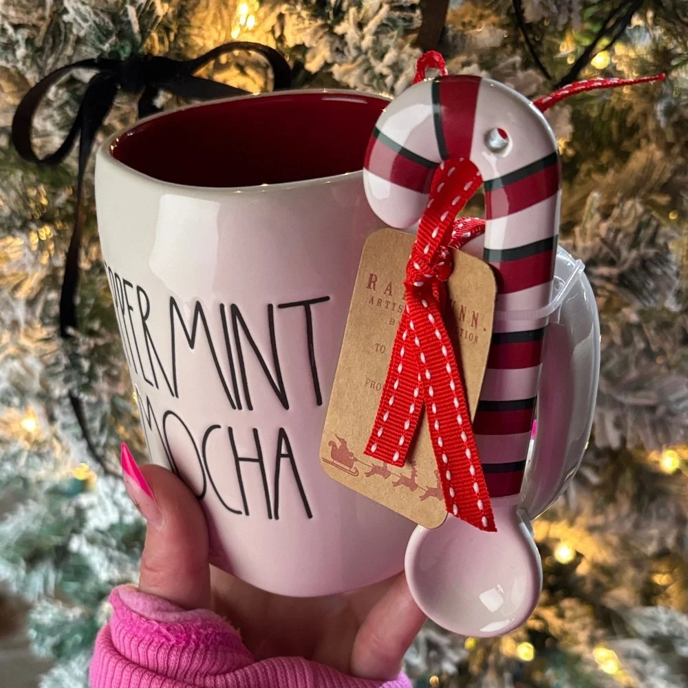 Rae Dunn Peppermint Mocha Christmas Mug Red Interior Candy Cane Spoon NWT